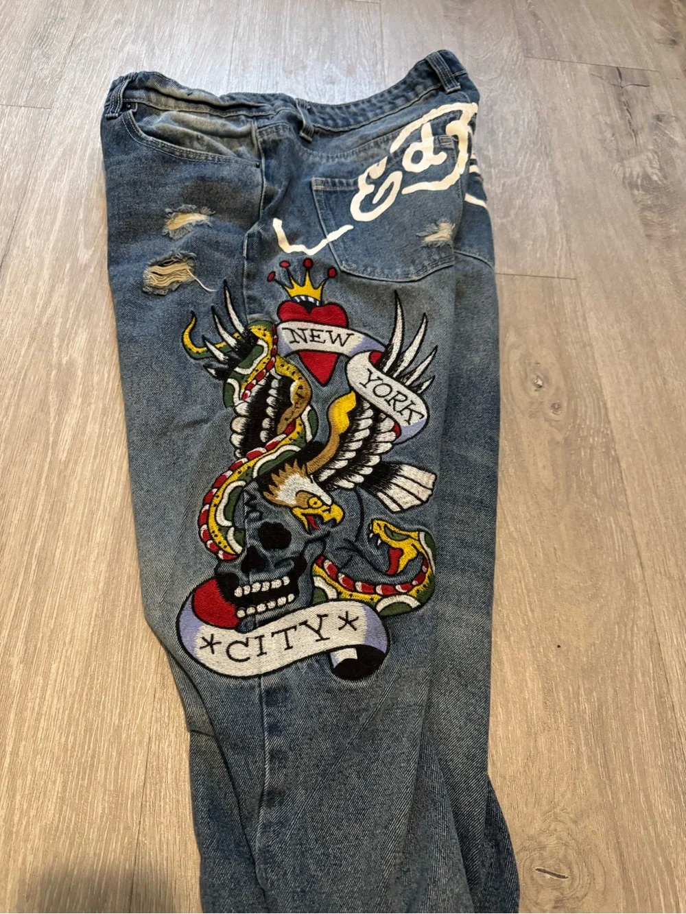 Ed Hardy Blue Slim Straight Jeans with Multicolor Dragon Embroidery
